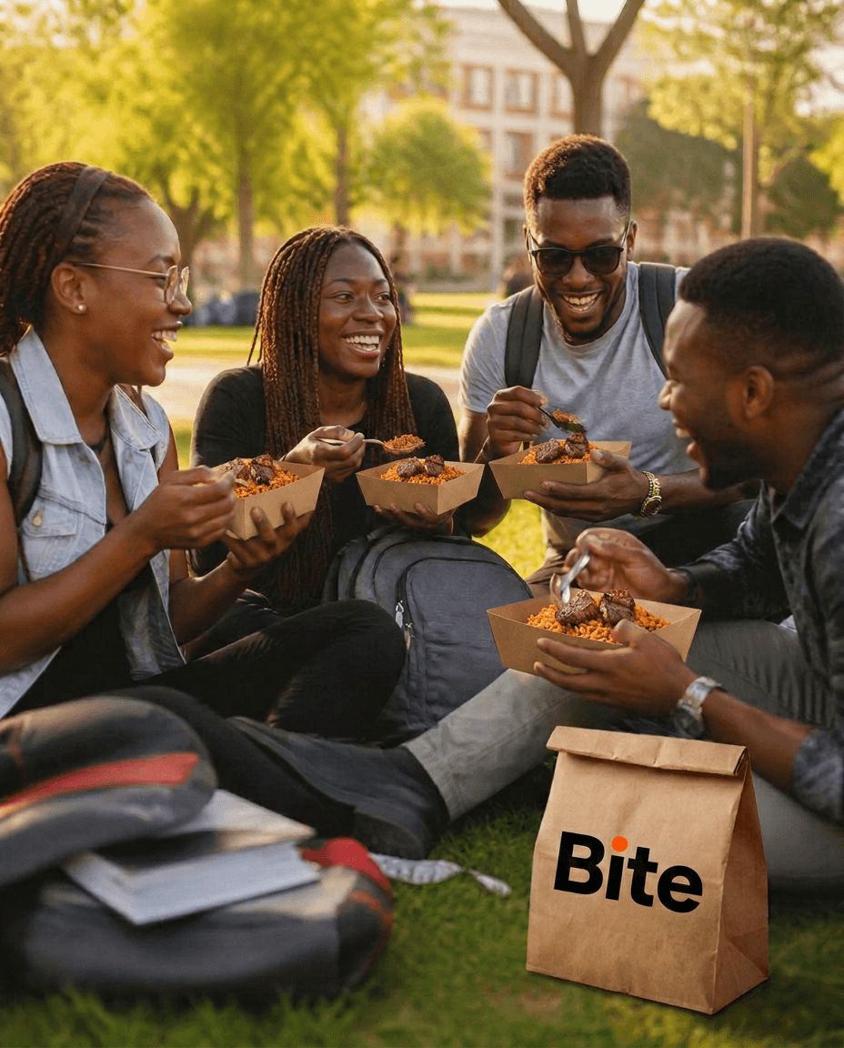 African university students laughing together while eating Nigerian meals outdoors on campus