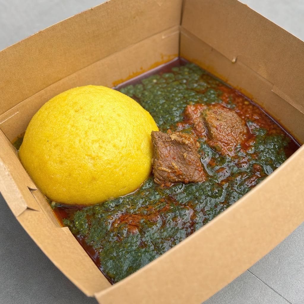 Garri (Eba) + Vegetable Soup + Grilled Beef